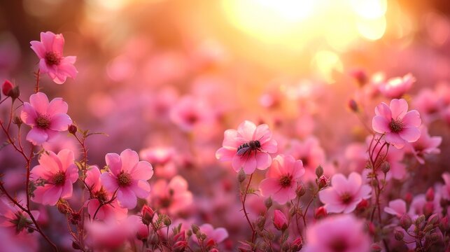 a field of pink flowers with the sun shining in the background and a bee in the middle of the field.