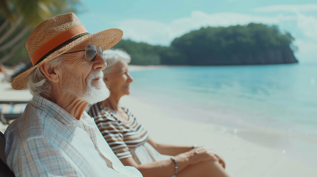 an older couple, pensioners in paradise, on the tropical sandy beach, white sand, by the sea, lying on the sun lounger, emigrated in old age,