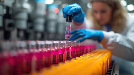 a woman in a lab coat and blue gloves is holding a test tube filled with pink liquid and yellow flasks.