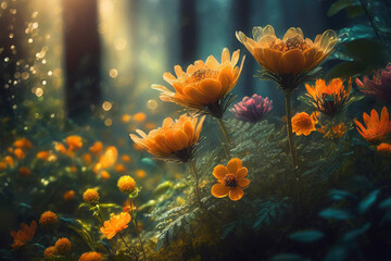 Fototapeta na wymiar Beautiful flowers in a fairy forest