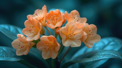 a group of orange flowers sitting on top of a lush green leafy plant filled with lots of water droplets.