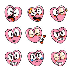 Set of cute heart emoticons in cartoon style. Vector illustration