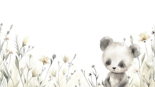 a watercolor painting of a panda bear sitting in a field of wildflowers with a white sky in the background.