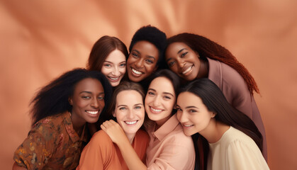 Obraz premium Group of multirasion woman hugging, smailing show white teeth. Frendship, supporting, Mental health and empathy. International Woman's day concept.