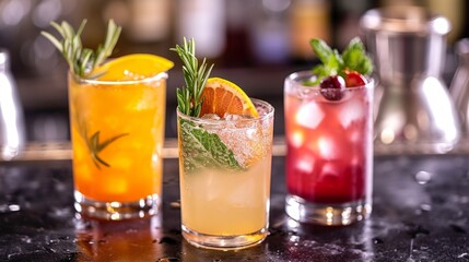 Assorted Fresh Fruit Mocktails specially crafted mixed drinks,. Colorful assortment of refreshing mocktails garnished with fresh berries and mint