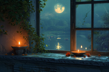 A diya lamp positioned on a sill overlooking a moonlit landscape, capturing a tranquil and mystical setting. - obrazy, fototapety, plakaty
