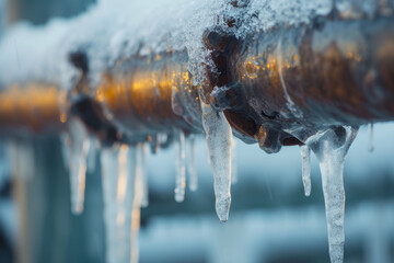 Close-up view of frozen water pipes with icicles forming, capturing the impact of the cold on the environment. - obrazy, fototapety, plakaty