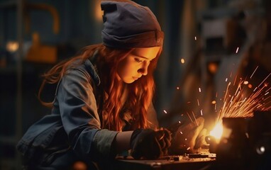 Woman Working on Metal With Grinder