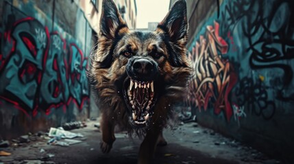 Aggressive German Shepherd Dog in Urban Alley