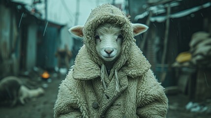 a sheep wearing a coat in the middle of an alleyway with other animals in the background in the rain.