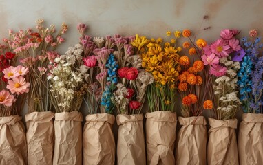 Fototapeta premium Collection of dried flowers wrapped in brown kraft paper