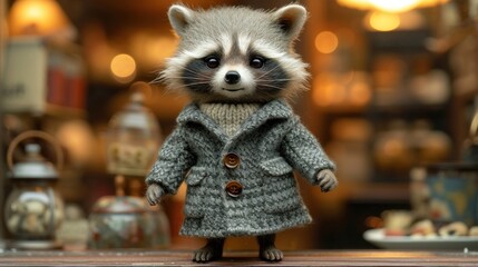 a raccoon dressed in a coat standing on a shelf in front of a store window with lights in the background.