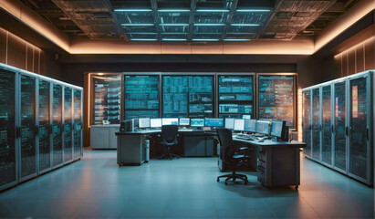 Room with computers and screens, cybersecurity background, control room, data management center