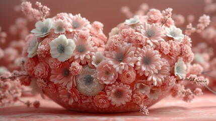 a vase filled with pink flowers on top of a pink table cloth covered table cloth with white and pink flowers on the top of the vase.