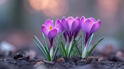 a group of purple flowers sitting on top of a patch of dirt next to a forest filled with green grass.