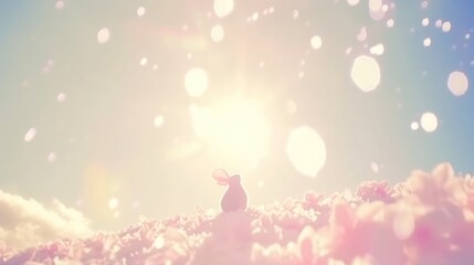a bunny sitting in the middle of a field of flowers with the sun shining through the clouds in the background.