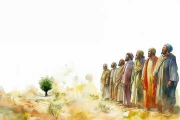 Les apôtres de Jésus Christ devant l'olivier. Scène biblique du nouveau testament, en aquarelle, christianisme, catholicisme 