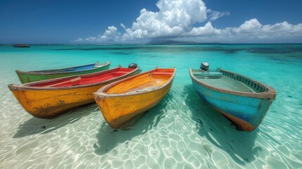a group of three boats sitting on top of a beach next to a body of water on a sunny day.