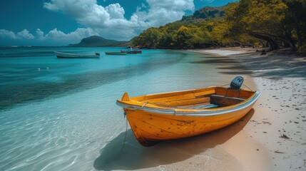 a yellow boat sitting on top of a sandy beach next to a body of water under a cloudy blue sky.