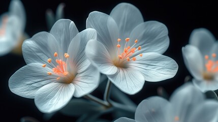 a group of white flowers with orange stamens on a black background with a black background and a white flower with orange stamen stamens on the center.