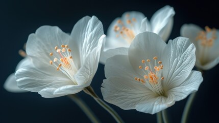 three white flowers with yellow stamens on a black background with a blue backgrounnd and yellow stamens on the center of the petals.