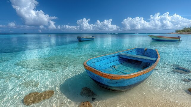 a couple of boats floating on top of a body of water next to a sandy beach under a cloudy blue sky.