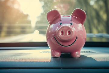 Pink piggy bank on the console in the car. Vehicle purchase, insurance or driving and motoring cost. Dealership offering credit. Automobile financing concept