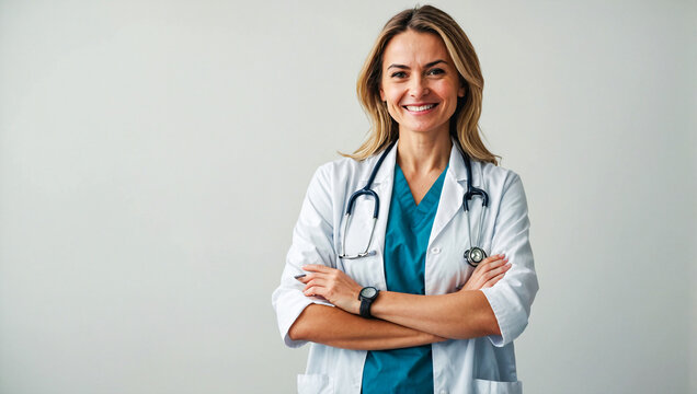 portrait of happy smiling female doctor with arms crossed on a white background