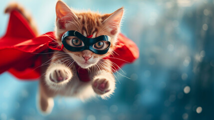 A cute young little cat is a superhero with a red superhero cape and wearing a mask as a mask as a superhero costume, pet as a hero, flying or jumping, paw and cute kitten face