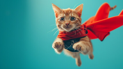 A cute young little cat is a superhero with a red superhero cape and wearing a mask as a mask as a...