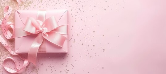 Navy blue gift box with satin ribbon on pink background and golden glitter for special occasions