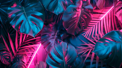 Neon-lit jungle leaves, colorful retro wallpaper with copy space.
