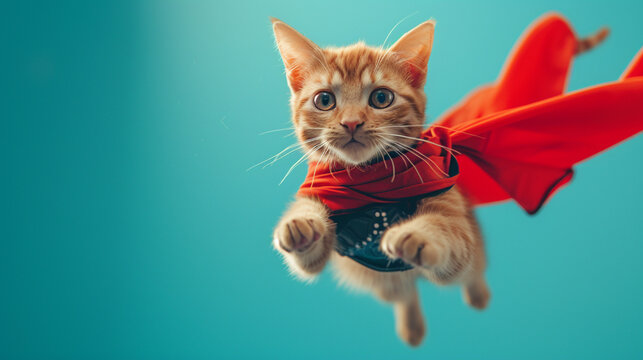 A cute young little cat is a superhero with a red superhero cape and wearing a mask as a mask as a superhero costume, pet as a hero, flying or jumping, paw and cute kitten face