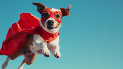 A cute young little dog or puppy, is a superhero with a red superhero cape and wearing a mask as a...