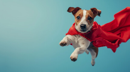 A cute young little dog or puppy, is a superhero with a red superhero cape and wearing a mask as a...