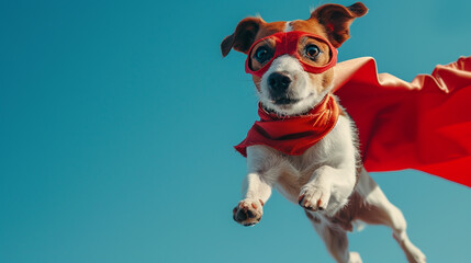 A cute young little dog or puppy, is a superhero with a red superhero cape and wearing a mask as a mask as a superhero costume, pet as a hero, flying or jumping, paw and cute baby dog face - obrazy, fototapety, plakaty