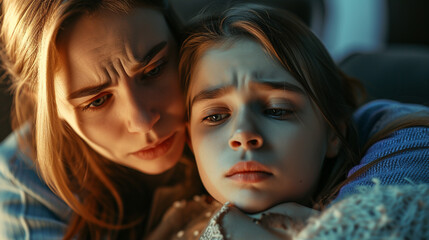 Portrait of mother and daughter, a toddler girl, being strong together, persevering and being able to do everything together, sad, worried and worried facial expressions