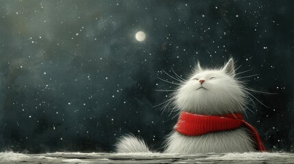 a painting of a white cat wearing a red scarf and looking up at the sky with snow falling on it.