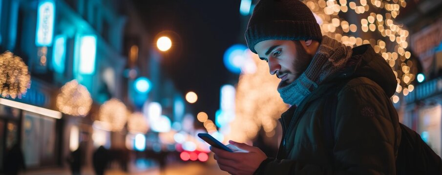 A man uses a smartphone amidst the cityscape at night, illustrating the modern urban lifestyle and connectivity even in nocturnal settings.