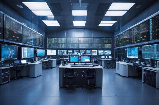 Room with computers and screens, cybersecurity background, control room, data management center