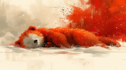 a painting of a red and white teddy bear laying on its side in the snow with a red and white background.