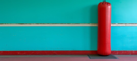 Red punching bag in well equipped gym with space on wall for creative text placement and design.