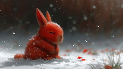 a red rabbit sitting in the snow with it's eyes closed and it's head turned to the side.