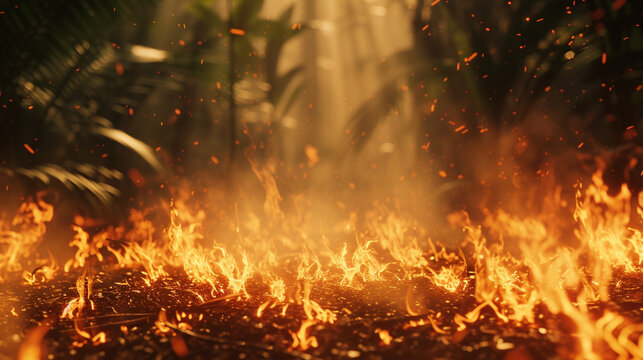 A forest fire ignites on the ground, fire and flames, heat and climate change or arson, embers become flames and spreading fire