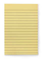 Yellow rectangular note book paper, top view. Isolated on a white background.