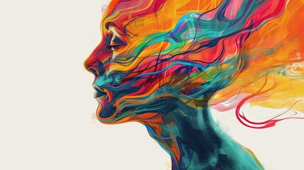 Marker-style illustration shows a man surrounded by colorful waves, symbolizing creativity, brainstorming, and exploration. - obrazy, fototapety, plakaty