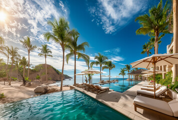architecture méditerranéenne avec une piscine à débordement et des palmiers qui ombragent la terrasse. La maison surplombe la mer Méditerranée et une plage de sable fin