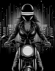 Plakat print for t-shirt. cyberpunk girl on futuristic motorbike