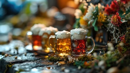 miniature beer mugs, filled with tiny frothy beer, arranged on a miniature pub-inspired scene - obrazy, fototapety, plakaty