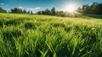 Obraz premium green grass and blue sky A spring or summer season abstract nature background with grass and blue sky. The grass is green 